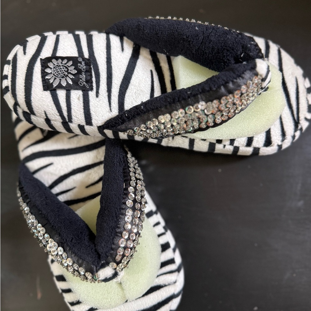 Yellow Box Black and White Zebra Print Slippers with Rhinestones